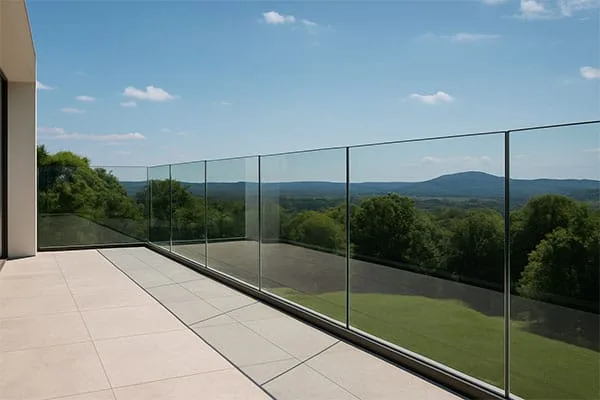 Frameless glass balustrade on a terrace with uninterrupted countryside views
