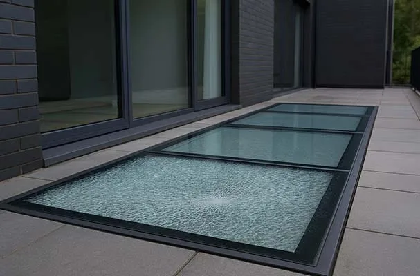 Cracked walk-on glass panel in a terrace beside intact panels