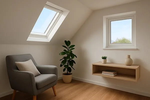 Compact loft room brightened by a pitched rooflight