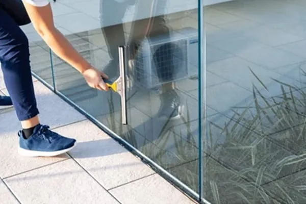Cleaning glass balustrade with a squeegee on an outdoor terrace