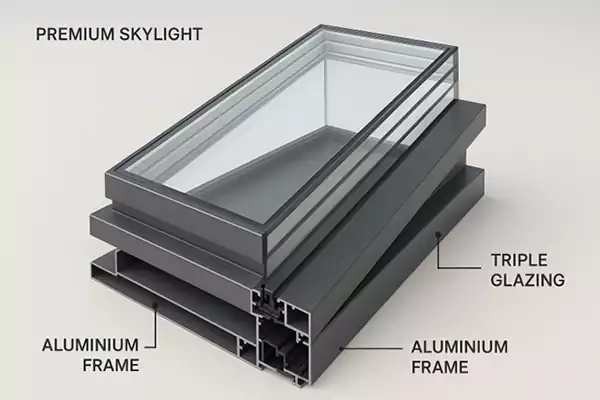 Triple-glazed skylight construction with aluminium framing