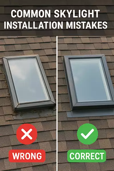 Comparison of an incorrectly flashed skylight and a correctly flashed skylight on a tiled roof