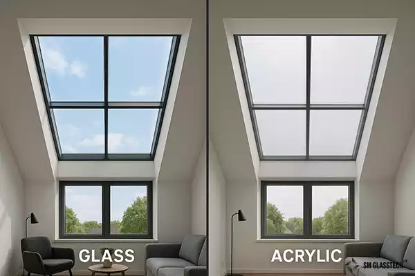 Side-by-side comparison of glass and acrylic skylight glazing