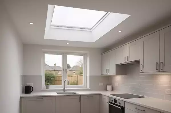 Bright grey kitchen extension with a large flat rooflight overhead