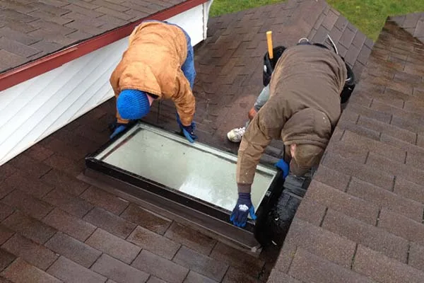 Two installers fitting a replacement skylight on a pitched roof