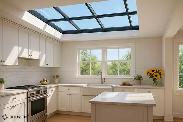 Custom grid rooflight bringing natural daylight into a kitchen