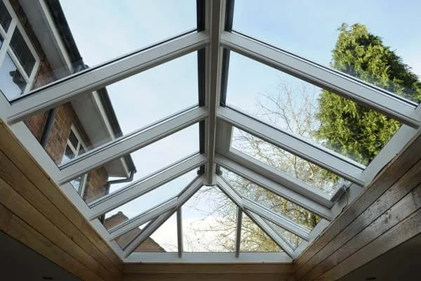 Interior view through a solar control glass roof lantern