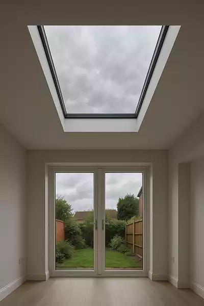 A calm extension interior with a flat rooflight and French doors on a cloudy UK day