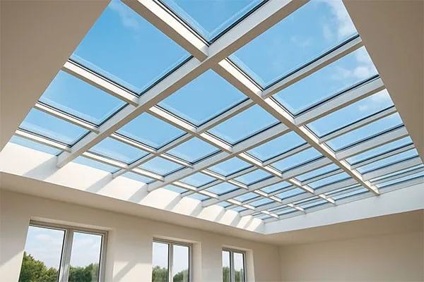 Interior view of a large grid of flat rooflights flooding a bright room with daylight