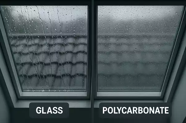 Glass and polycarbonate skylights compared in rainy conditions