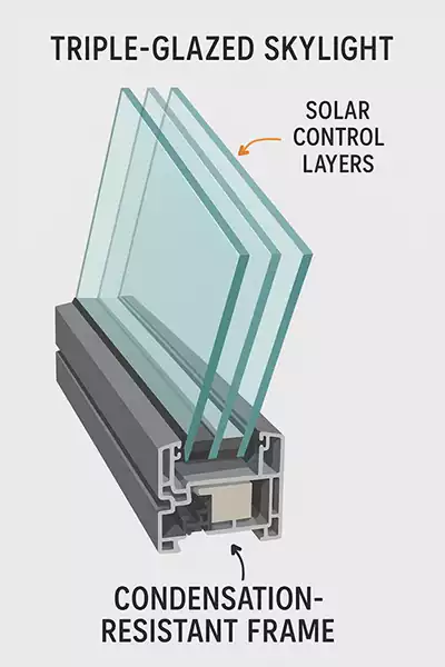 Cross-section of a triple-glazed skylight showing solar control layers and a condensation-resistant frame