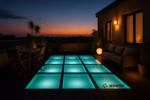 Illuminated walk-on glass rooflight across a roof terrace