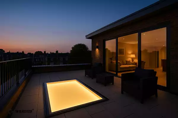 Illuminated flat rooflight installed in a roof terrace