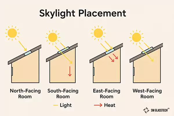 Skylight placement guide for north-, south-, east- and west-facing rooms