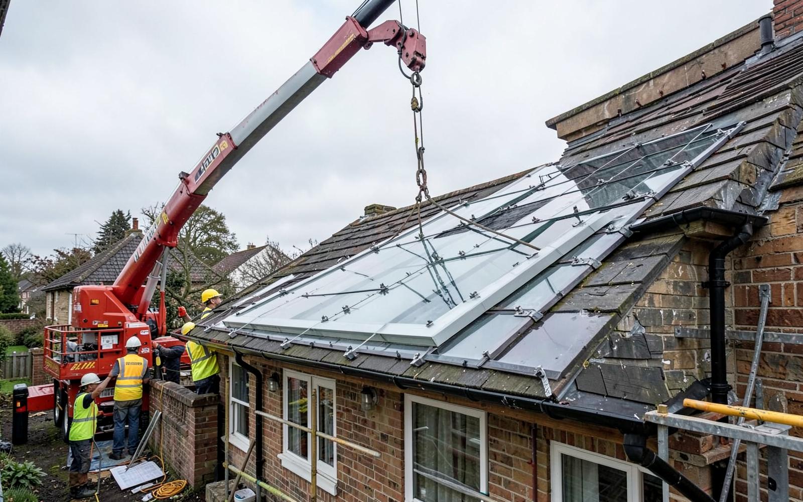 Crane lifting a large glass rooflight panel into position