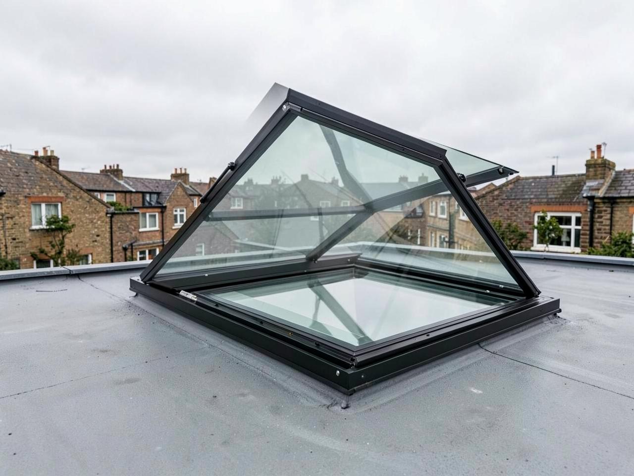 Hinged opening rooflight on a flat roof